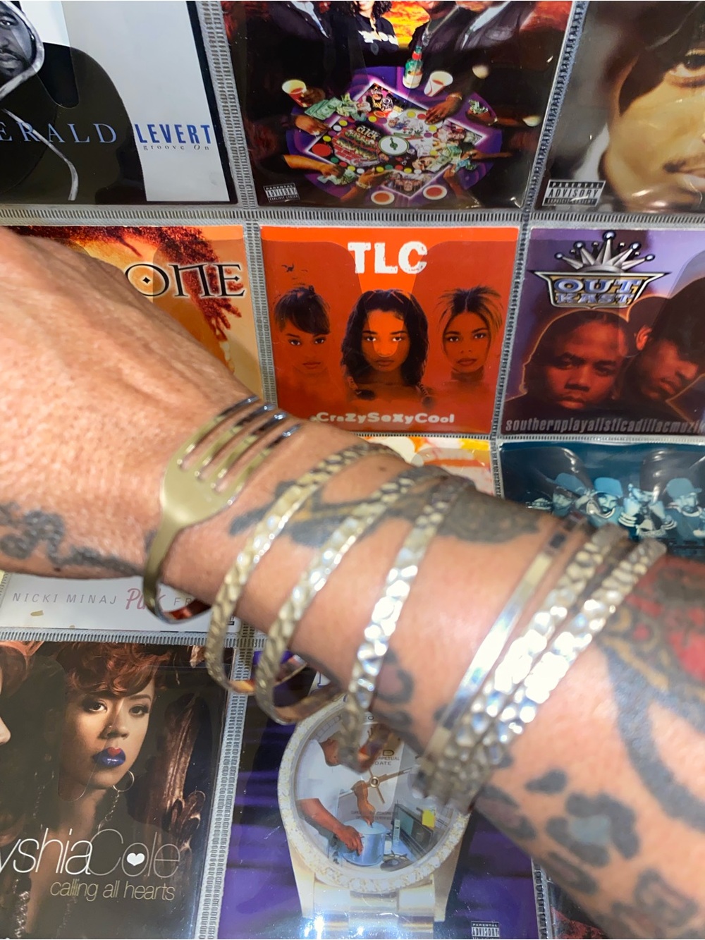 Stacked Silver Chain Bracelets with Modern Cuff